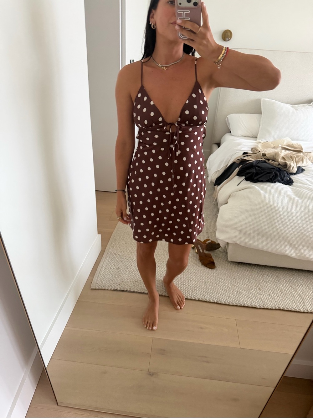 Brown Polka Dot Tie-Front Mini Dress